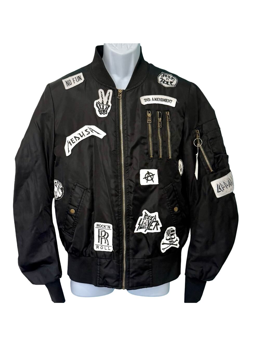 American Stitch Black Patchwork Bomber Jacket Punk Rock N Roll Patches Size M